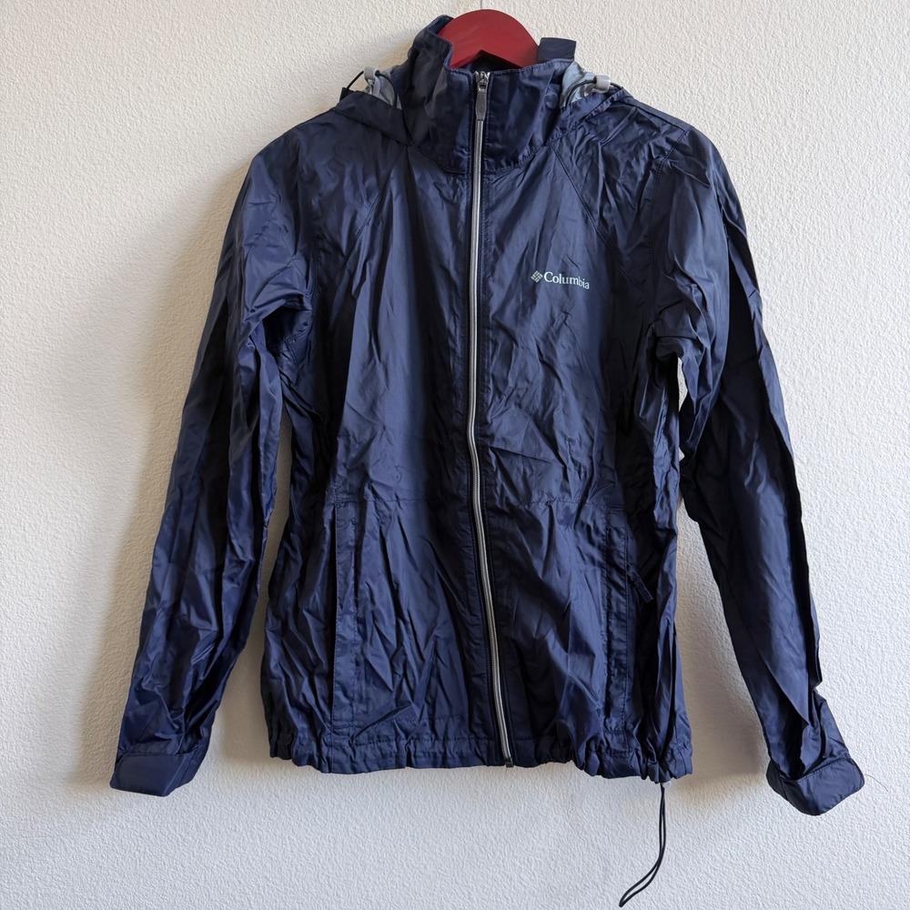 Columbia Womens Navy Blue Packable Hooded Windbreaker Jacket WL0127 Size M